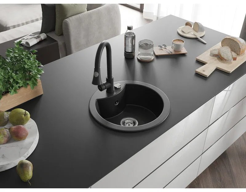 Mexen Diego, 1 kamrás gránit mosogató 488x488x167 mm és Elia mosogató csaptelep, fekete, 6512-77-670101-70