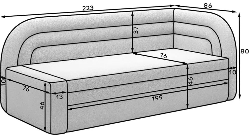 Szürke buklé kinyitható-tárolóhelyes kanapé jobb oldali 223 cm Fabillo – ELTAP