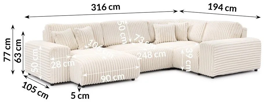 Krémszínű kordbársony sarokkanapé (jobb oldali-U alakú) Justin – Ropez