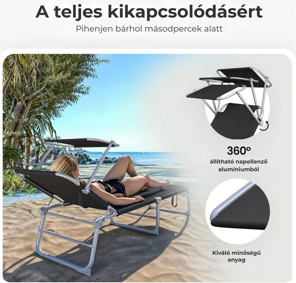HAWAII kerti napozóágy állítható napellenzővel, 195x60x30cm, fekete Casaria