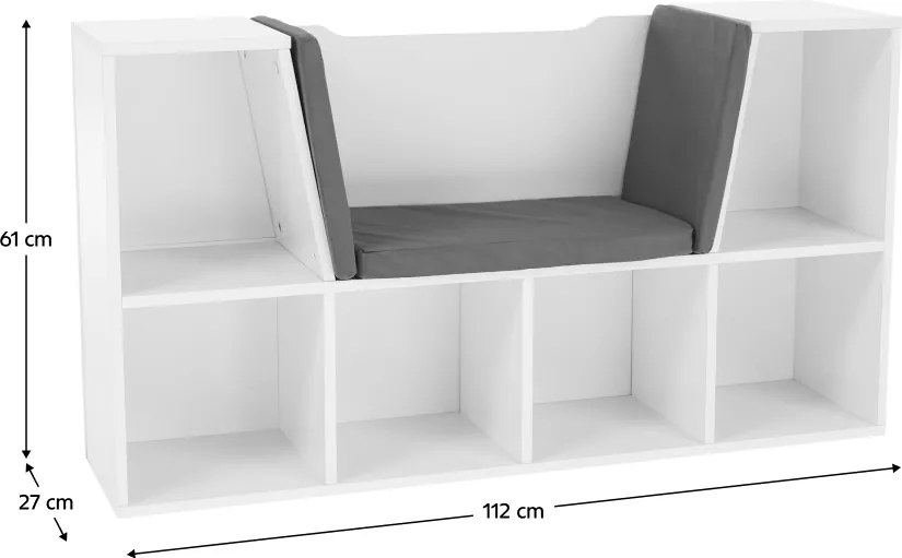 Gyerekkönyvtár ülőhellyel, fehér/szürke, FERIA
