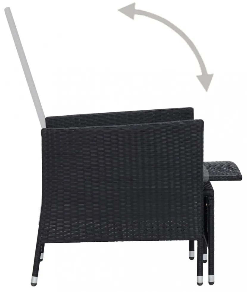 3 részes fekete polyrattan kerti bútorszett párnákkal