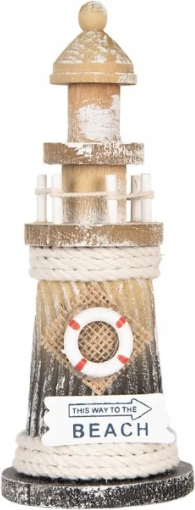 Dekoráció barna fából készült világítótorony tengerpart felirattal 8x19 cm