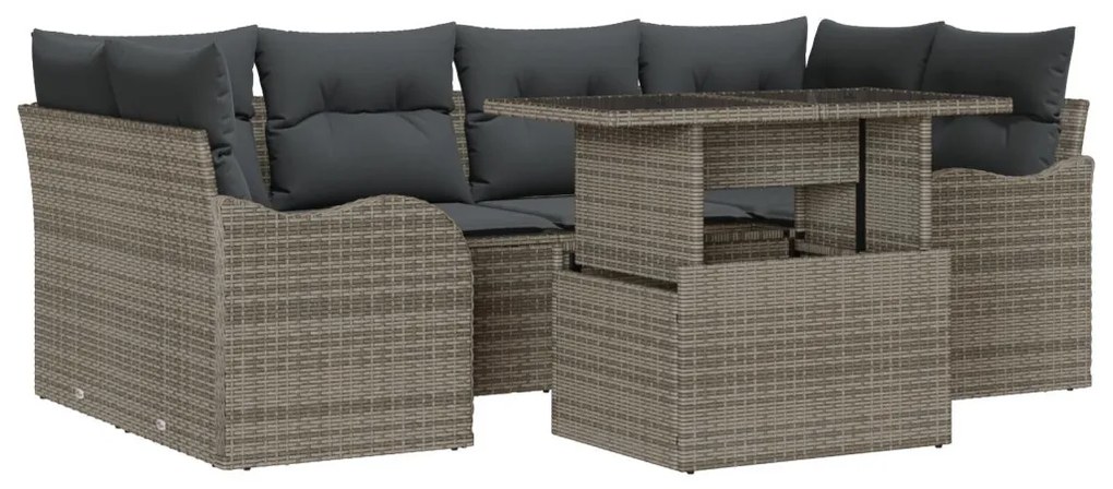 7 részes kertibútor szett párnákkal szürke poly rattan, 2 személyes kertibútor párnákkal szürke poly rattan