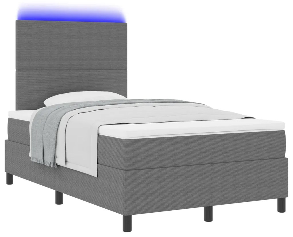 Box Spring Ágy Matraccal &amp; LED Világítás Szürke 120x200 cm Bordás Szövet
