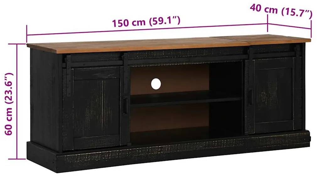 HALDEN fekete tömör fa TV szekrény 2 tolóajtóval 150x40x60 cm