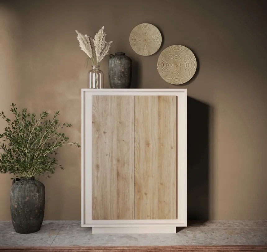 SKY 2.0 magas komód, 2 ajtóval, kasmír vázzal és Cadiz tölgy mintázatú laminált előlapokkal