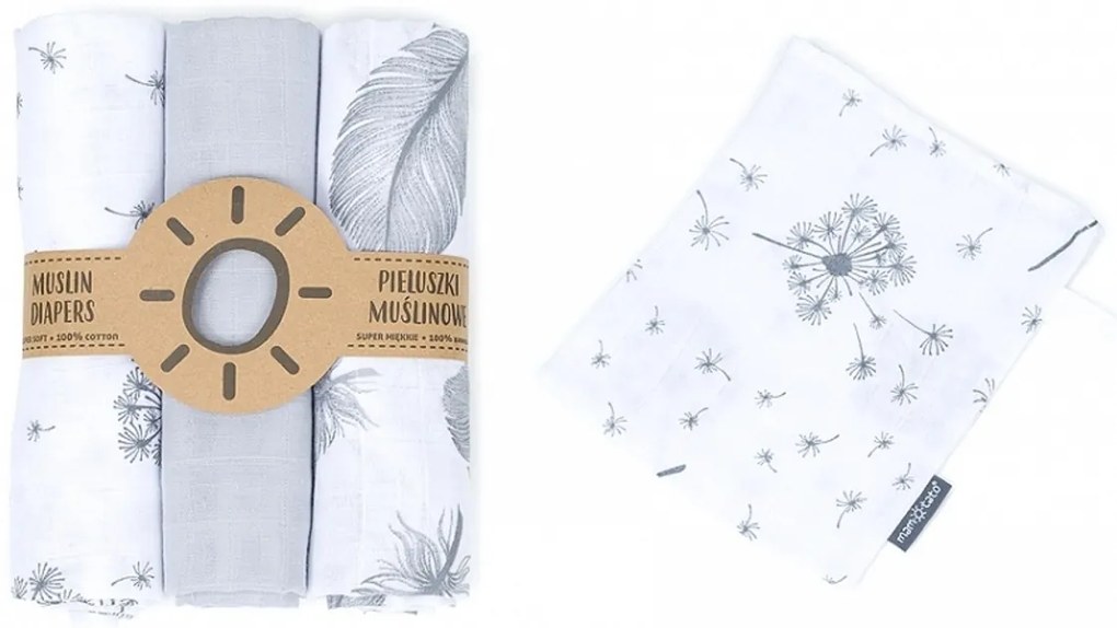 Mamo Tato Muszlin pelenkák 3pcs + ingyenes mosogatórongy - toll, szürke, pitypang