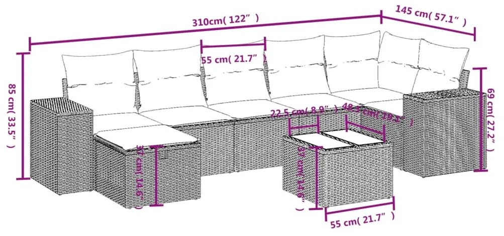 8 részes bézs polyrattan kerti ülőgarnitúra párnával