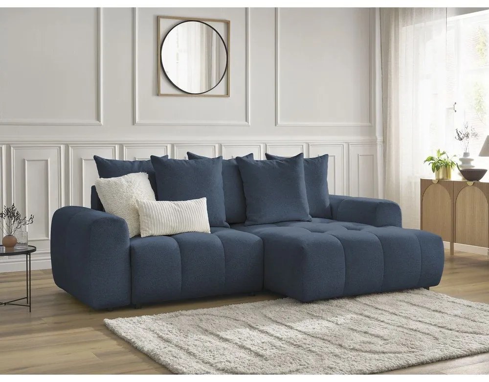 Kék zsenília kinyitható-tárolóhelyes sarokkanapé (jobb oldali-heverő résszel) Roxelane – Bobochic Paris