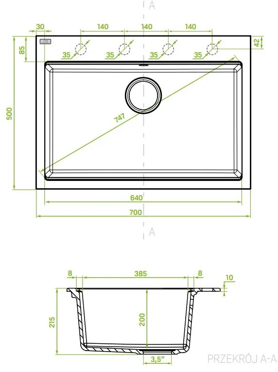 Laveo Tau, 1 kamrás gránit mosogató 700x500x215 mm, fekete, LAV-SBT_7107