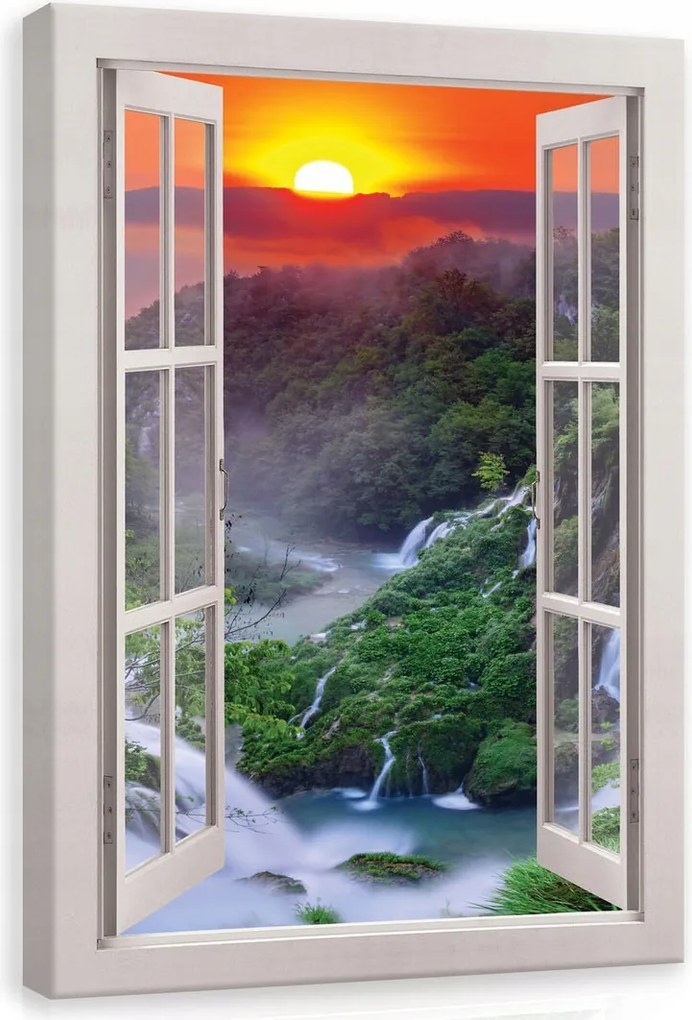 Vászonkép 80x120 Ablak tájkép vízesés erdő hegyek naplemente természet nyugalom