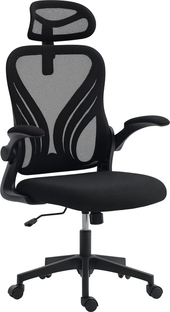 HOMCOM ergonomikus irodai szék, hálós ülés, összecsukható háttámla, 2D fejtámla, felhajtható kartámaszok, deréktámogatás, billentés és 360° forgás — v