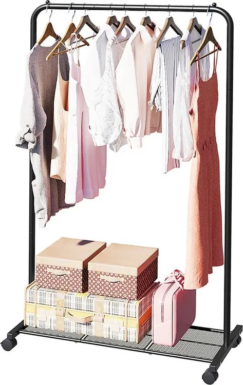 Fém ruhatartó kerekekkel, tárolópolccal, felső sín 40 kg-ig, fekete