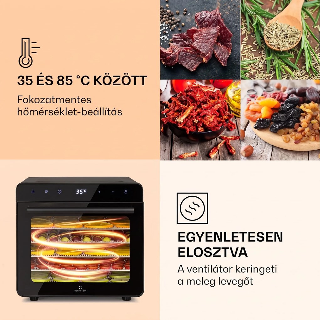 Klarstein Shaftesbury, automatikus aszalógép, 700 W, 35-80 °C, időzítő, digitális érintőképernyős kijelző