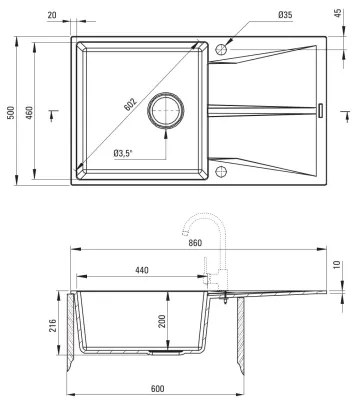 Deante ZRC_S11A - CORIO konyhai mosogató 50x86 cm, gránit/metál szürke
