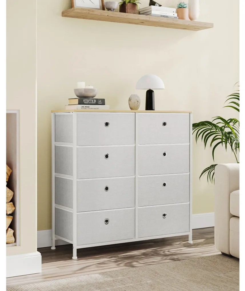 Tároló szekrény 8 szövet fiókkal, ruhás szekrény, fehér, szürke és tölgy 80x30x81cm