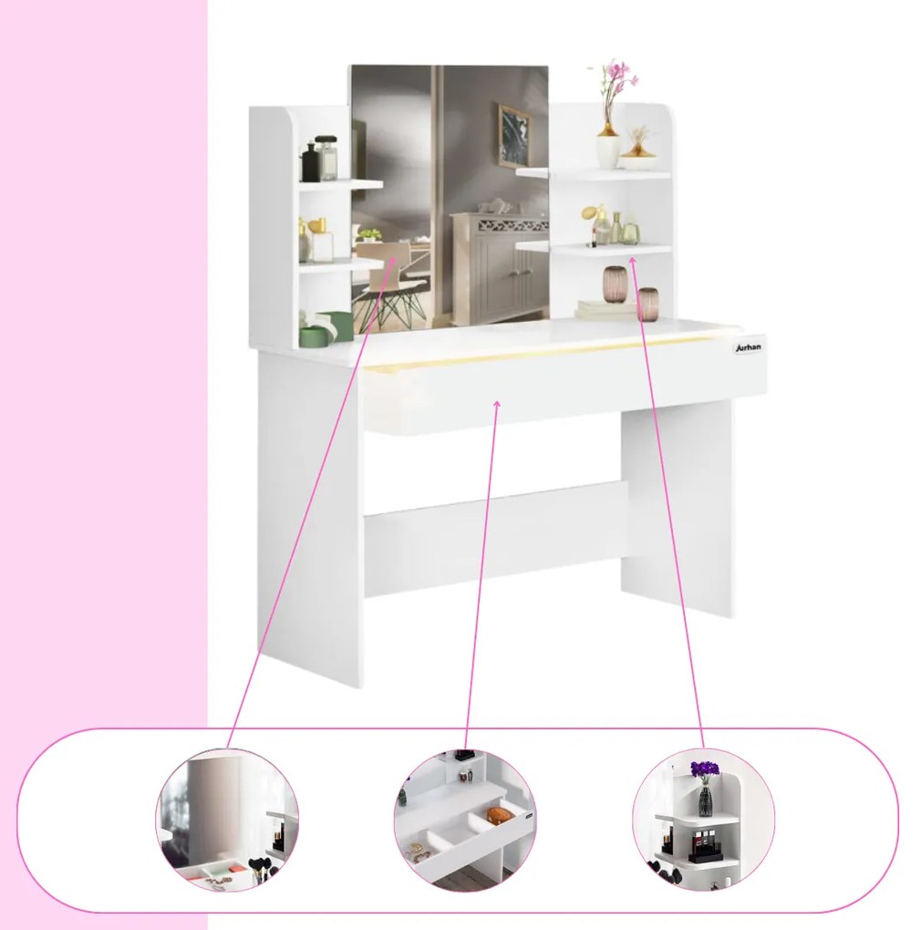 LUCIA fésülködőasztal, 108x40x140cm, fehér Jurhan