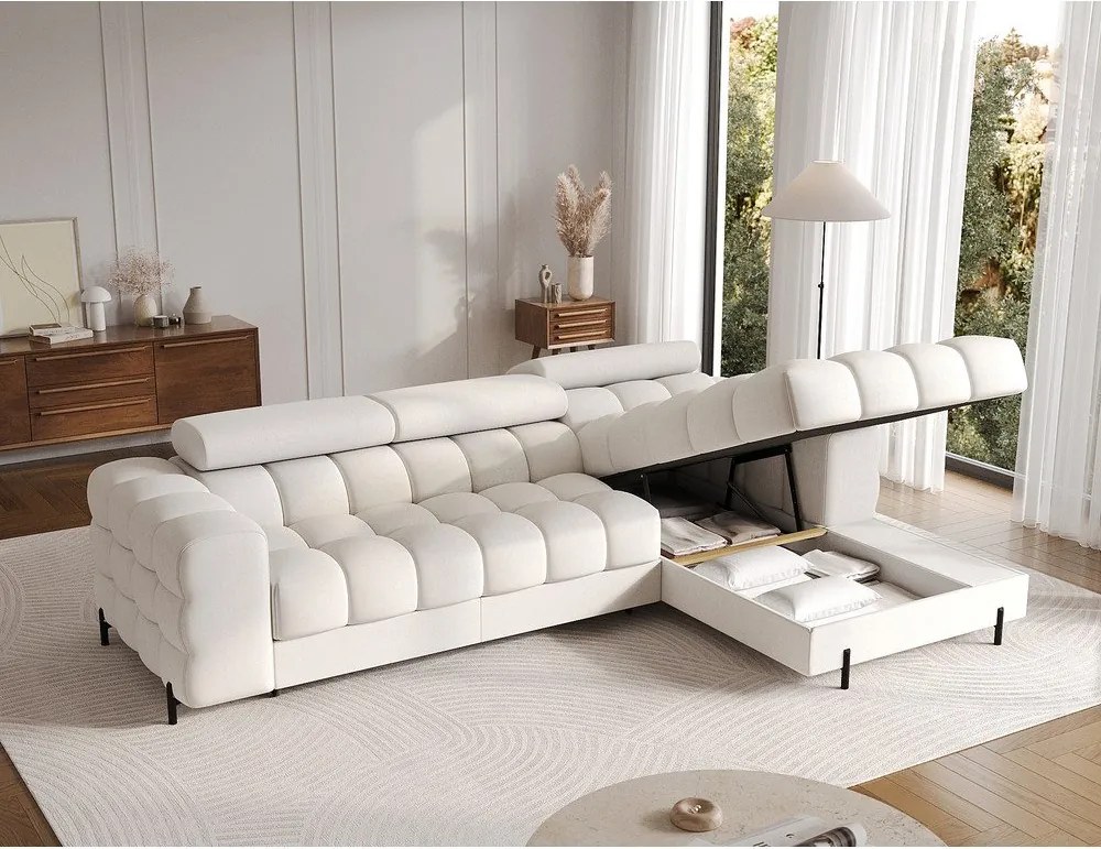 Krémszínű buklé kinyitható-tárolóhelyes sarokkanapé (jobb oldali-heverő résszel) Felro – ELTAP