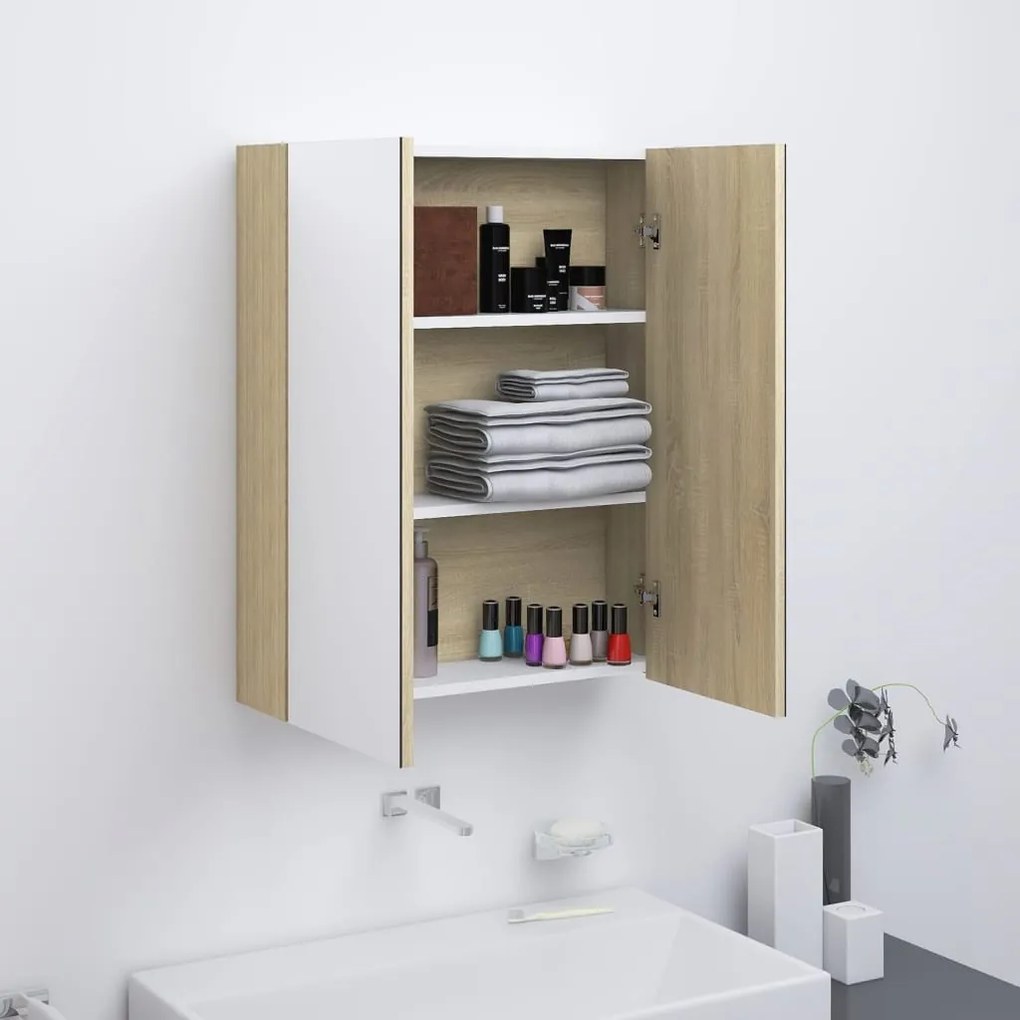 fehér és tölgy MDF tükrös fürdőszobaszekrény 60 x 15 x 75 cm