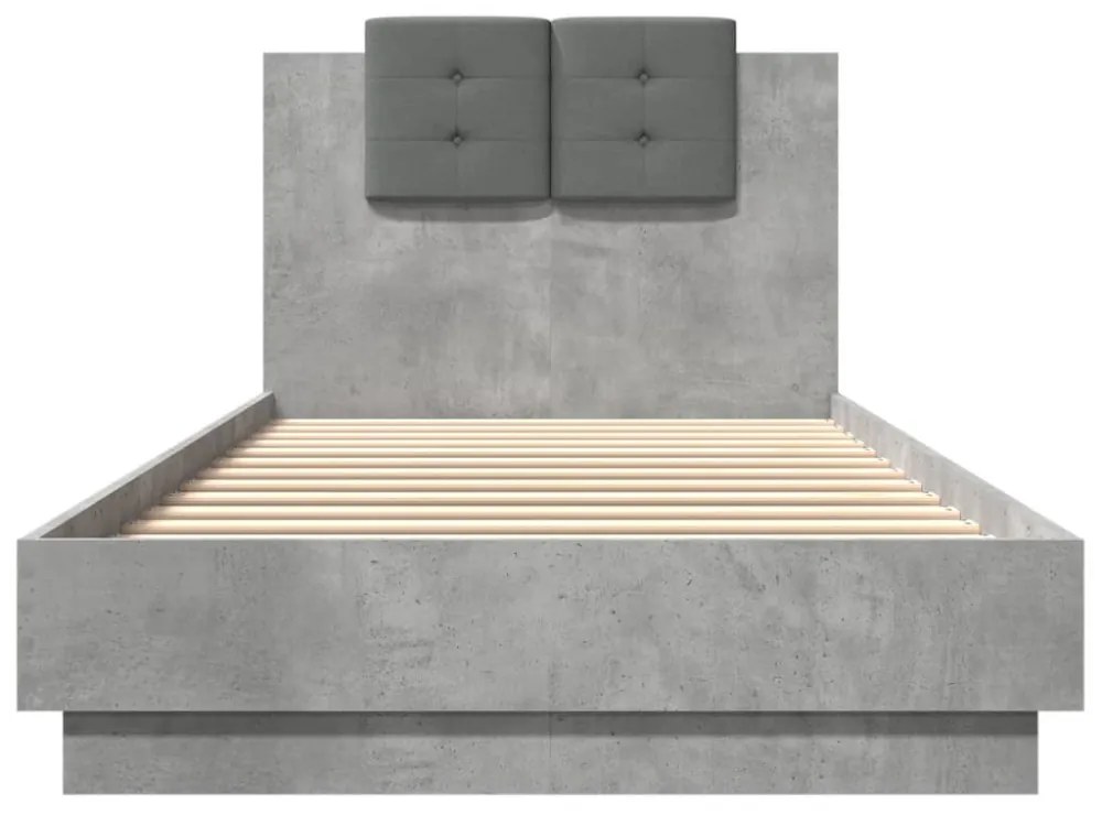 betonszürke ágykeret fejtámlával és LED-világítással 100x200 cm