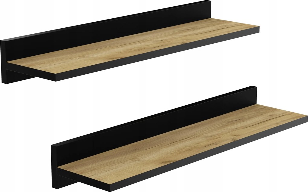 Szett 2X Polc 60 CM Akasztós Polc Tölgy Fekete Díszléccel Dolgozószoba Nappaliba