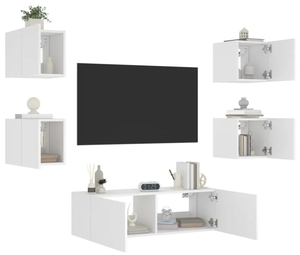5 darab fehér falra szerelhető TV-szekrény LED-del
