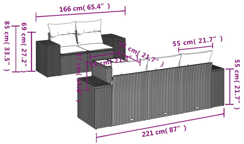 6 részes fekete polyrattan kerti ülőgarnitúra párnákkal