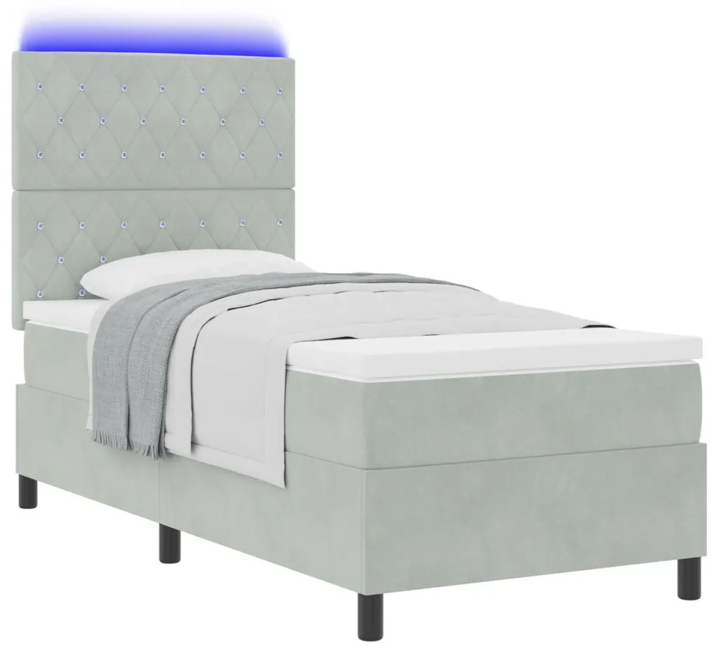 Boxspring Ágy Matrac és LED Világítás Szürke 90x200 cm Bársony