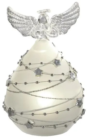 LED-es fehér üveg angyal ezüst csillagos díszítéssel 8x13 cm