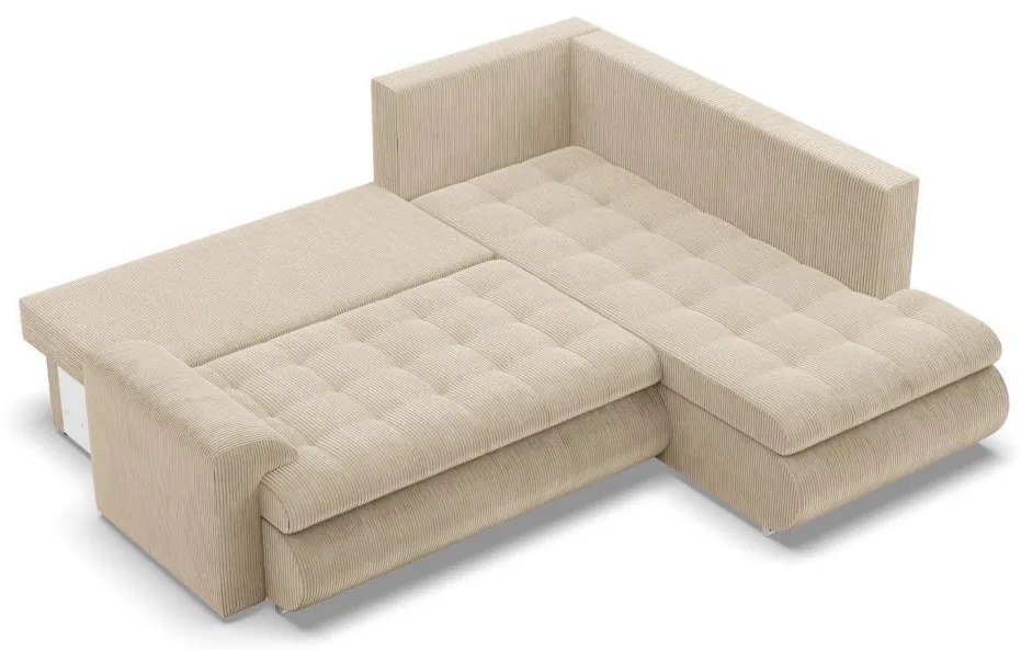 Tokio sarokkanapé, L alakú háttámlával, 2 ágyneműtartóval, kordbársony, jobboldali, bézs