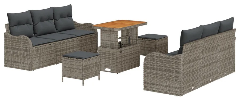 9 darabos Kerti Kanapészett Párnákkal Szürke Poli Rattan Akácia, 2 személyes Kerti Kanapé Párnákkal Szürke Poli Rattan, 3 darabos Kerti Étkezőszett Párnákkal Szürke Poli Rattan Akácia
