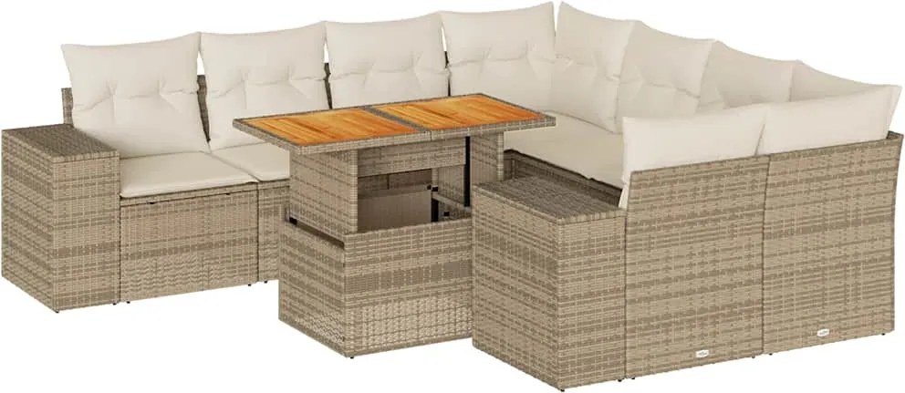 vidaXL 9 részes bézs polyrattan kerti ülőgarnitúra párnákkal