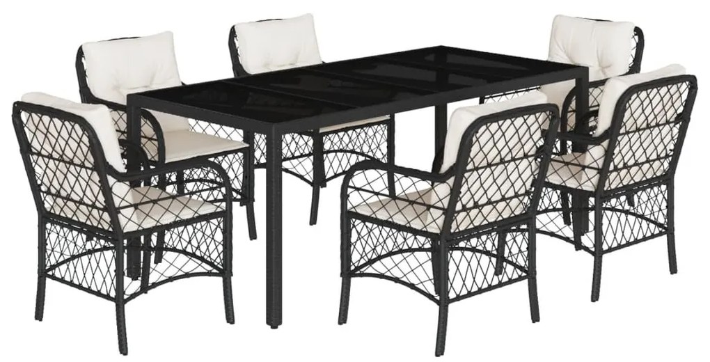 7 részes fekete polyrattan kerti étkezőgarnitúra párnával