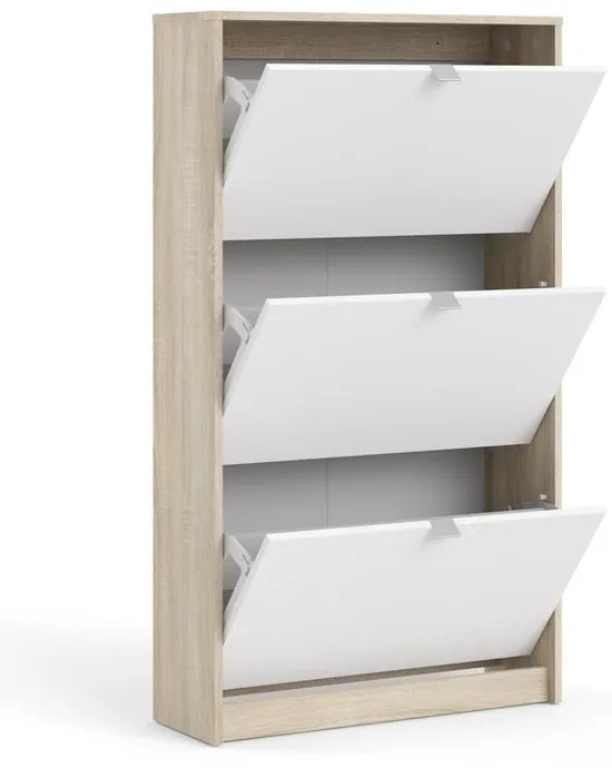 Fehér-natúr színű billenő ajtós cipőtartó tölgyfa dekorral Shoes – Tvilum