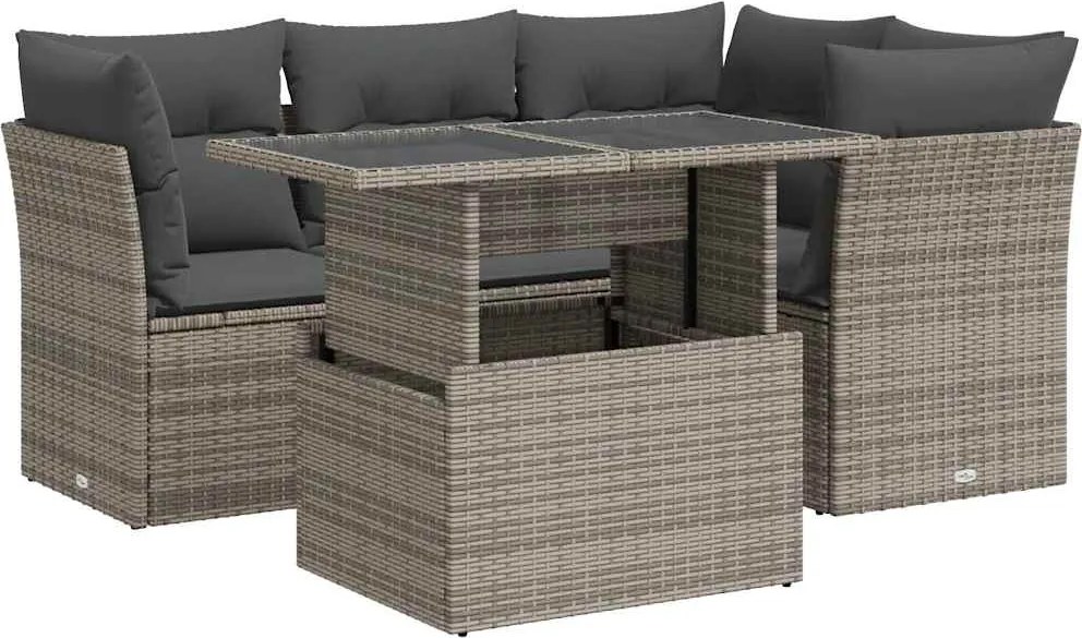 vidaXL 5 részes szürke polyrattan kerti ülőgarnitúra párnákkal