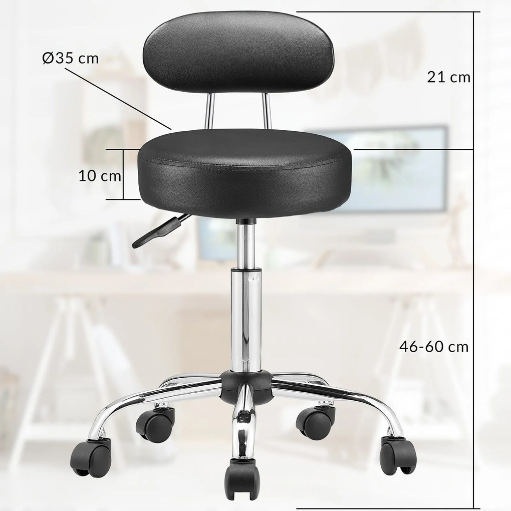 ROLAND háttámlás görgős puff, Ø35cm, fekete Casaria