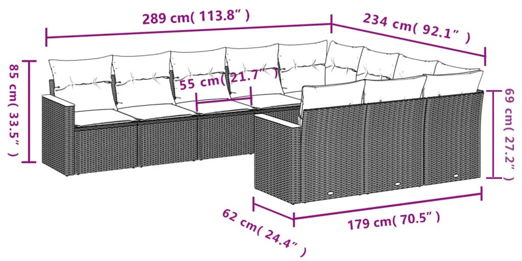 10 részes fekete polyrattan kerti ülőgarnitúra párnákkal