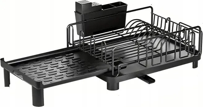 Állítható edényszárító csepegtetővel és lefolyóval, fekete