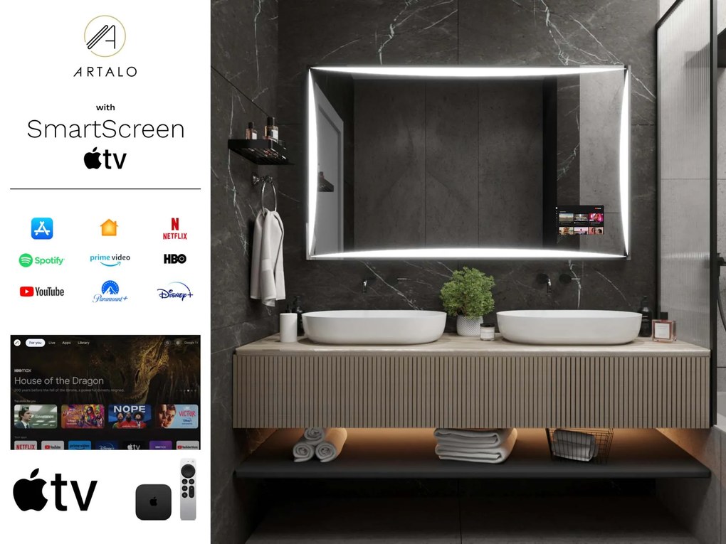 SMART tükör LED világítással M5 prémium + SmartScreen with Apple TV