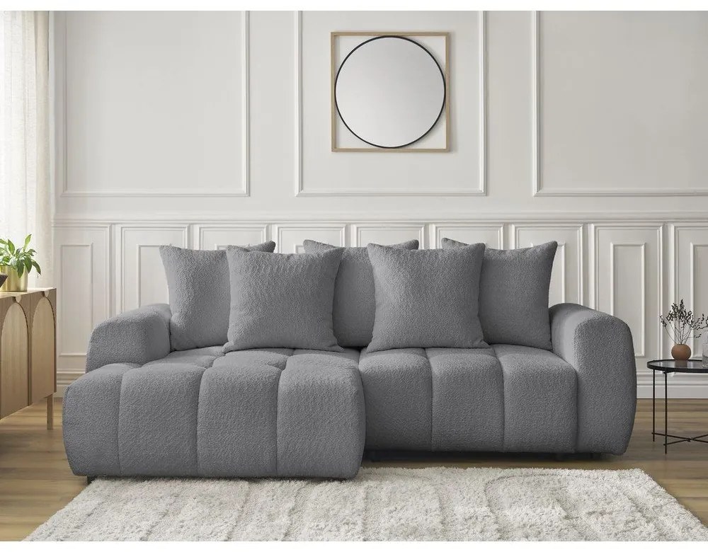 Szürke buklé kinyitható-tárolóhelyes sarokkanapé (bal oldali-heverő résszel) Roxelane – Bobochic Paris
