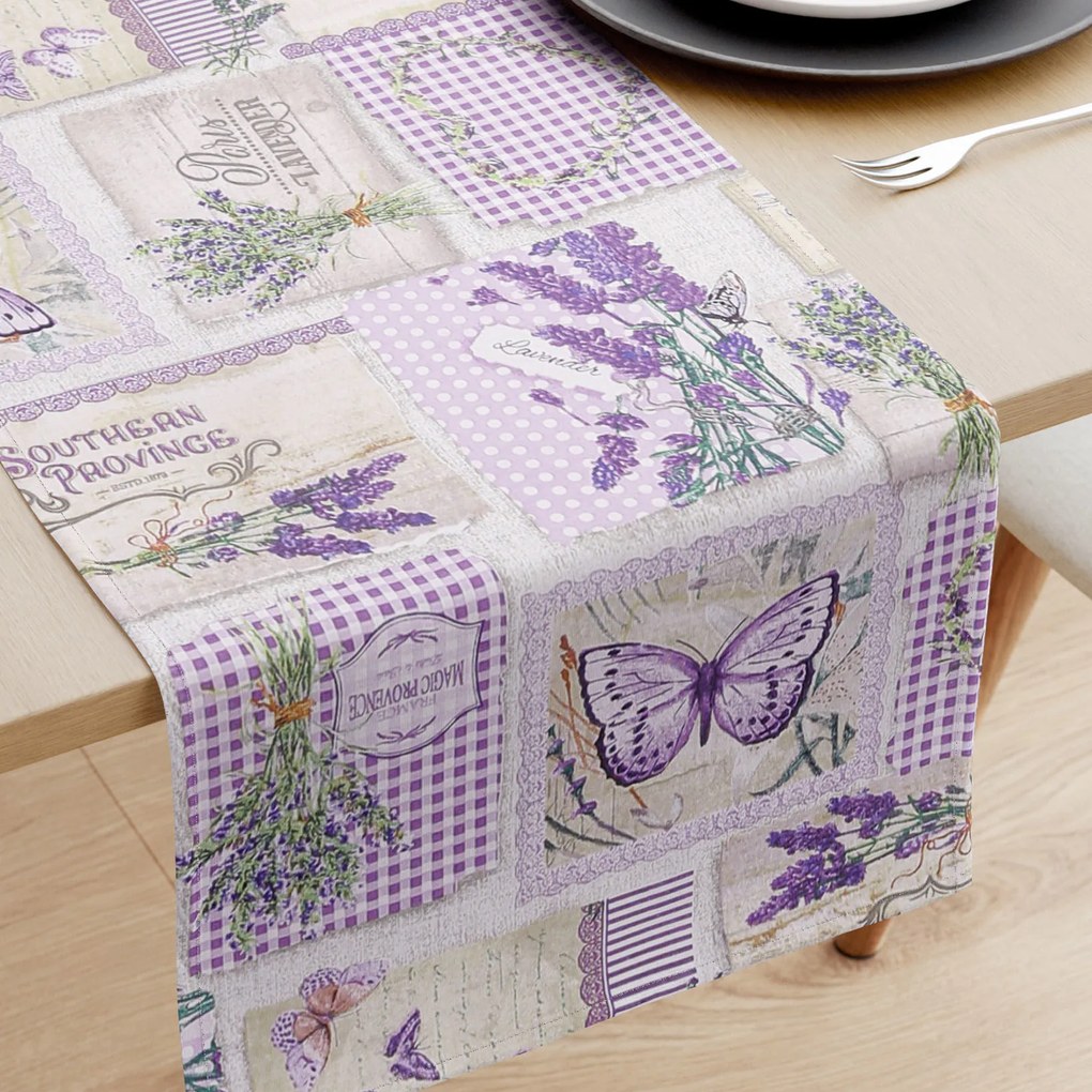 Goldea pamut asztali futó - patchwork levandula és pillangó mintás 20x120 cm