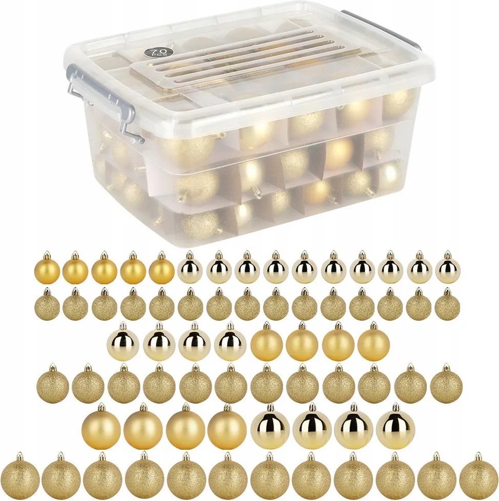 70 db Törésbiztos karácsonyfadísz, Arany színű karácsonyfadísz szett