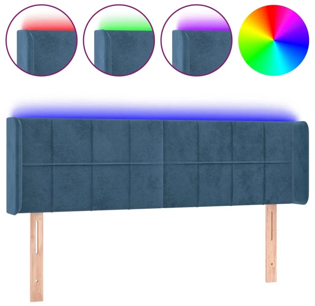 sötétkék bársony LED-es fejtámla 147 x 16 x 78/88 cm