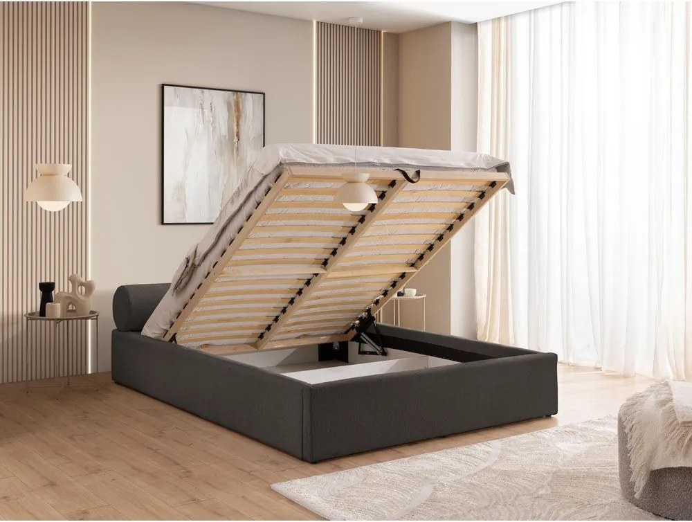 Sötétszürke kárpitozott ágyneműtartós franciaágy ágyráccsal 160x200 cm Cille – Ropez
