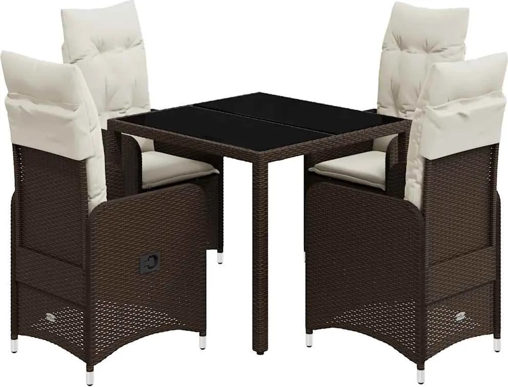 vidaXL 5 részes barna polyrattan kerti bisztrógarnitúra párnákkal