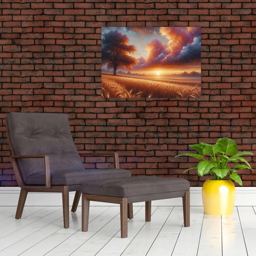 Üveg kép – Naplemente a mezőn (70x50 cm)