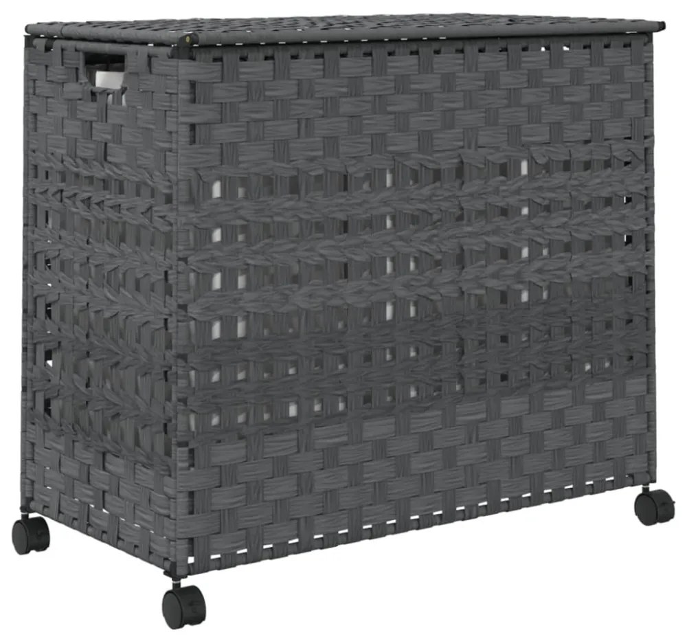 szürke rattan szennyeskosár kerekekkel 66x35x60 cm