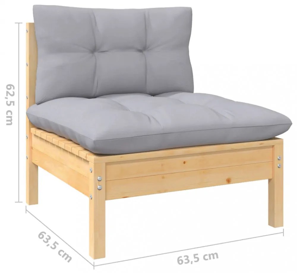 3 részes tömör fenyőfa kerti ülőgarnitúra szürke párnákkal