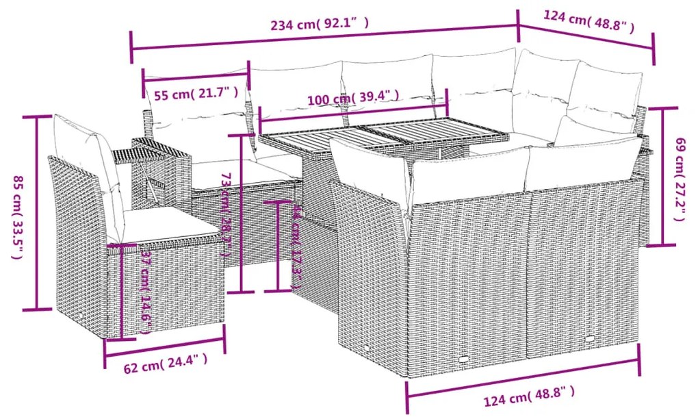 9 részes bézs polyrattan kerti ülőgarnitúra párnákkal